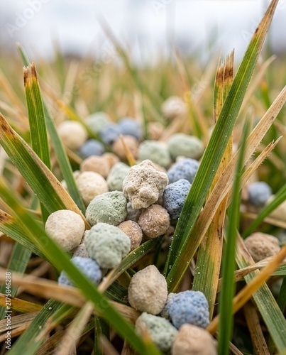 Colorful granular fertilizer pellets scattered on autumn grass close-up, blue green and beige mineral granules among green and dry blades, concept of lawn feeding and fall garden care.