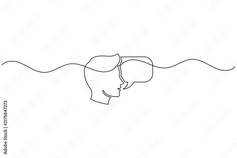 Fototapeta premium Man profile speech bubble talking icon continuous one line drawing minimalist communication outline vector illustration