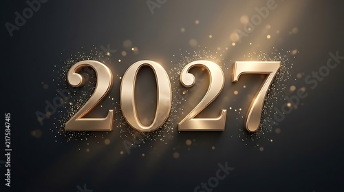 Golden metallic 2027 new year numbers with bright light flares and bokeh effect