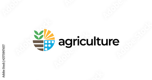 Agriculture Logo Concept with Soil Leaf Sun and Water Symbols in Circle