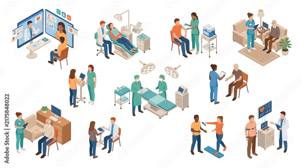 Fototapeta premium diverse healthcare professionals engaging in patient care activities in modern medical environments