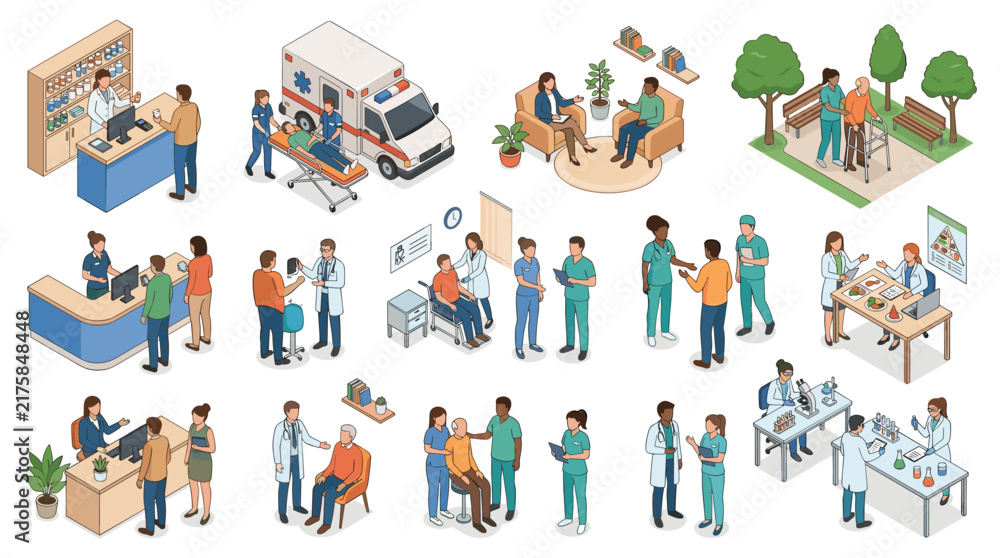 Fototapeta premium comprehensive healthcare environment illustrating patient consultations laboratory research outdoor therapy and medical facility