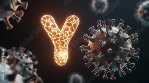 Glowing Y-Shaped Antibody Particle Facing a Virus, Immunology Concept
