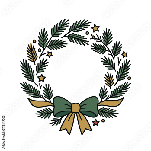 Elegant Christmas wreath with pine branches and golden bow.
