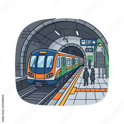 Modern subway train arriving at a well-lit underground station.