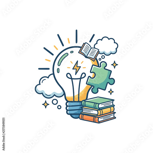 Creative light bulb with books and puzzle piece illustration.