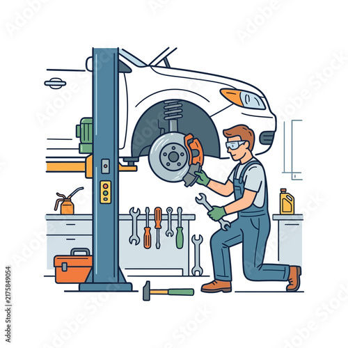 Mechanic working on a car lift in a well-equipped garage.