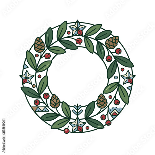 Hand-drawn Christmas wreath with pine cones and berries illustration.
