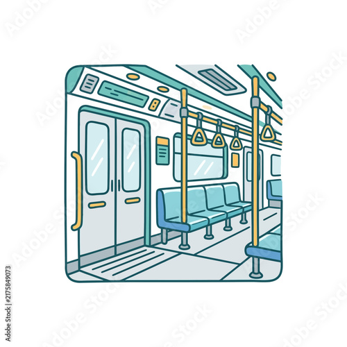 Illustration of a modern empty subway train interior with seats and doors.
