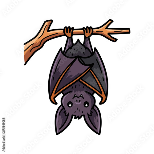 Cute cartoon bat hanging upside down from a tree branch.