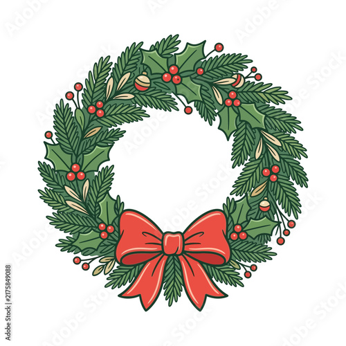 Illustrated Christmas wreath with red bow and holly berries.
