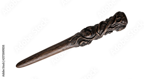 Fotografía Wooden magic wand with intricate carved floral vine details isolated on transparent background for design