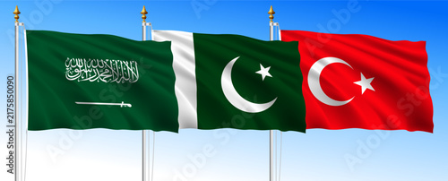Mecca Agreement 2026, flags of the three participating states, Saudi Arabia, Pakistan, Turkey, vector illustration