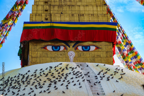 Nepal. Central. Kathmandu.  Kathmandu Valley. Boudhanath. A close-up of the eyes of the Bodnath stupa
