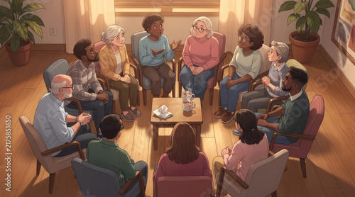 Diverse support group meeting in a circle for therapy session