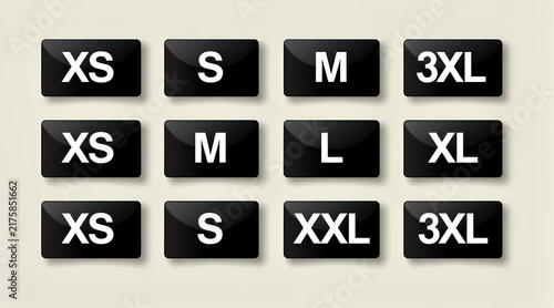 Black glossy clothing size label icons grid on neutral background