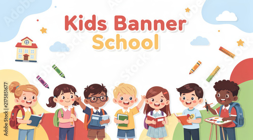 School banner featuring diverse cartoon children reading and studying