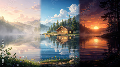 Mountain lake cabin transitioning from dawn to sunset