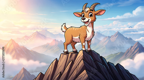 Cute cartoon mountain goat standing on a rocky peak at sunrise