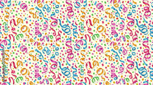 Seamless festive pattern with colorful confetti and curled ribbons