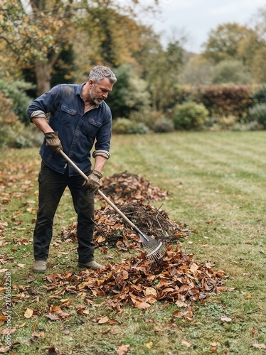 A mature man diligently raking fallen autumn leaves in a serene garden landscape