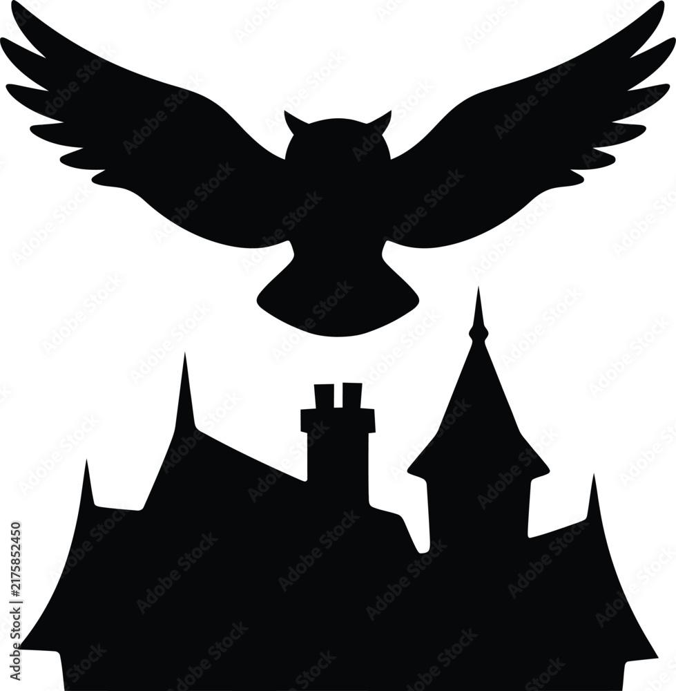 Fototapeta premium Silhouette of a flying owl above a spooky house rooftop