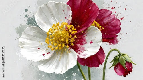 White and red watercolor flower illustration with green stem and bud