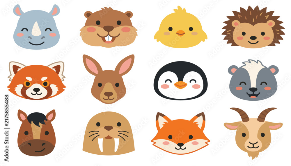Fototapeta premium Cute animal avatar faces collection vector illustration set featuring rhinoceros beaver chick hedgehog red panda kangaroo penguin fox and goat