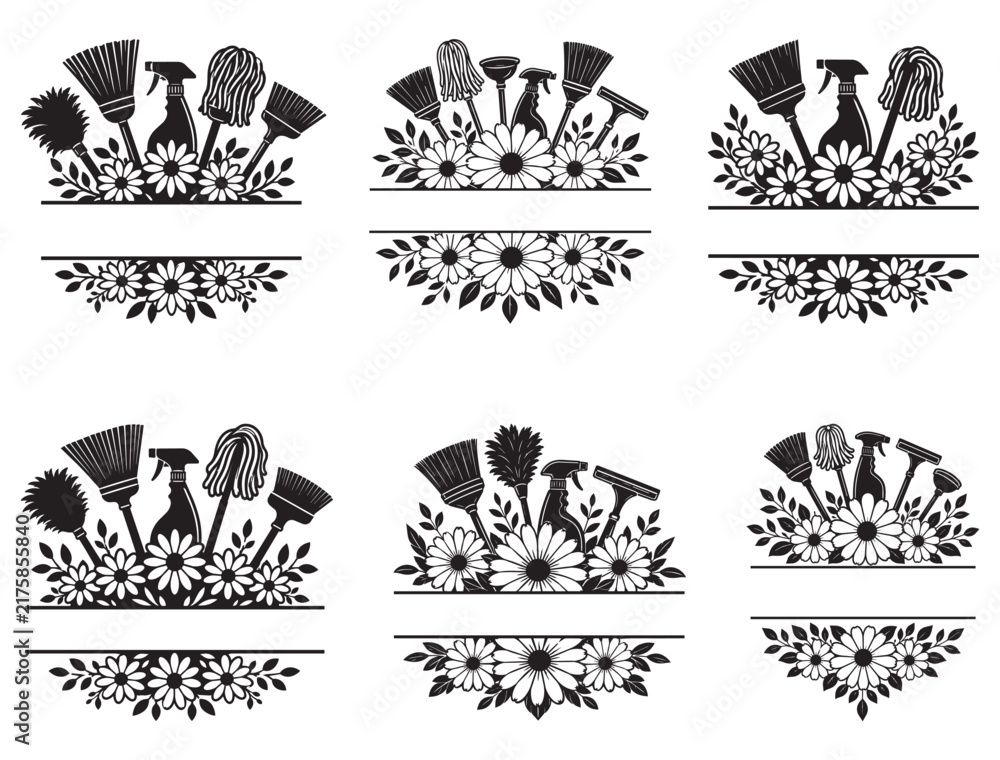 Fototapeta premium CLEANING TOOLS EMBLEM SILHOUETTE.