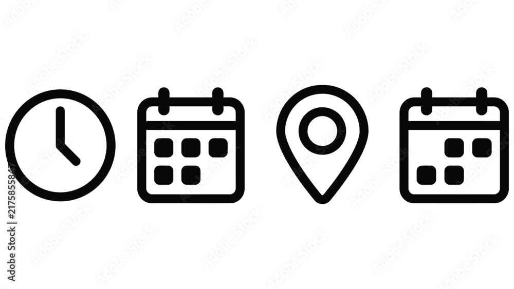 Naklejka premium Time address and date icon set vector. Clock location and calendar icons collection for event calendar reminder business or meeting schedule 