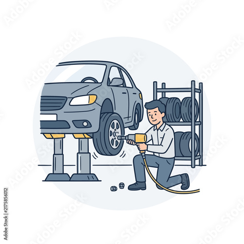 Mechanic inspecting car on a hydraulic lift in a garage.