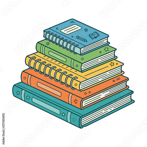 Colorful stack of books and notebooks illustration.