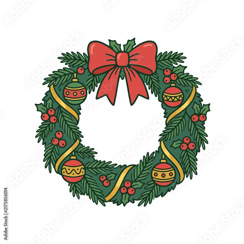Colorful Christmas wreath with red bow and golden ornaments.