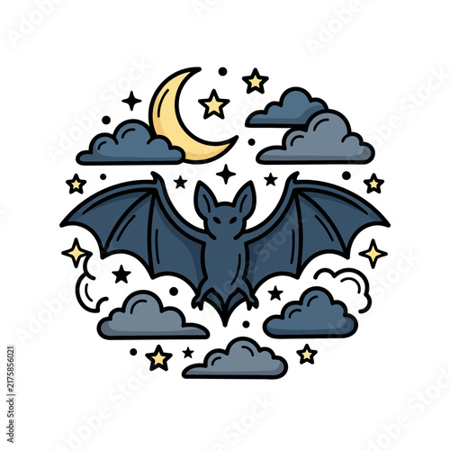 Illustration of a bat flying under a crescent moon and stars.