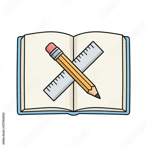 Open book with pencil and ruler on white background.