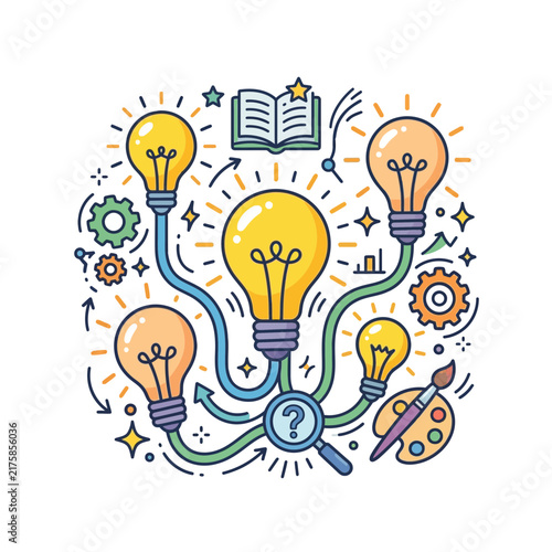 Colorful light bulb brainstorming concept illustration with icons.