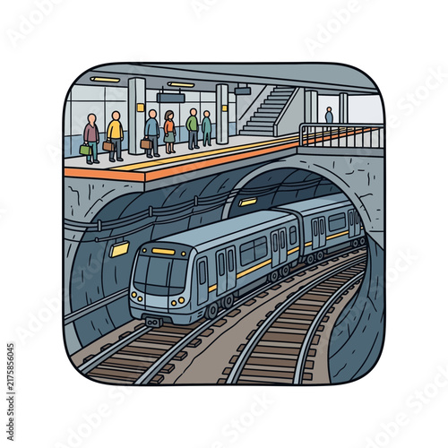 Modern subway train arriving at a busy underground station platform.