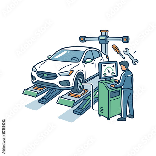 Mechanic performing maintenance on a car in an auto repair shop.