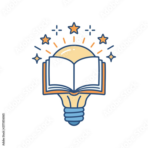Open book with glowing light bulb and stars illustration.