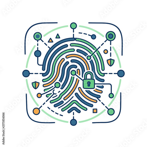 Colorful fingerprint security icon with lock and network connections.