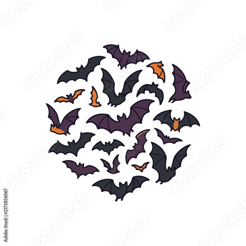 Circular arrangement of colorful Halloween bats on white background.