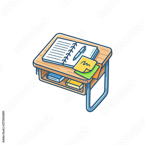 Colorful cartoon desk with books and stationery supplies.