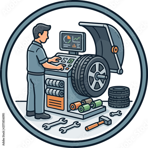 Mechanic performing a wheel alignment in a modern garage.