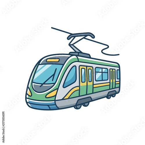 Colorful modern electric tram on white background illustration.