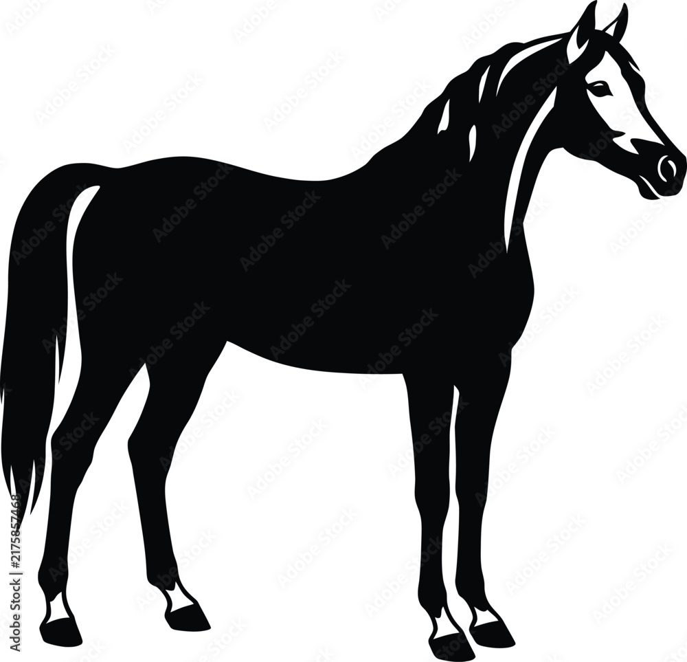 Obraz premium Minimalist horse silhouette vector, elegant black stallion standing profile, equestrian animal graphic for logo and branding