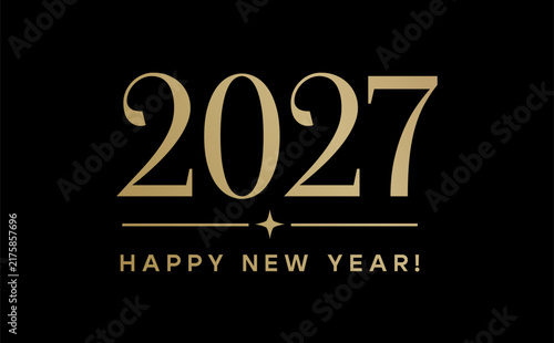 Happy New Year 2027 elegant gold typography isolated on a black background. Vector emblem for celebration cards, banners, calendars, social posts and party invitations with a luxurious mood.