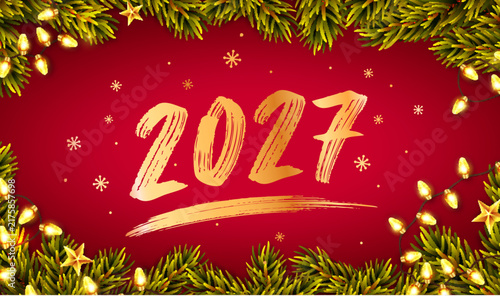 New Year greeting card. Horizontal banner with golden 2027 numerals, Christmas tree branches and luminous garlands on red background. Vector illustration.