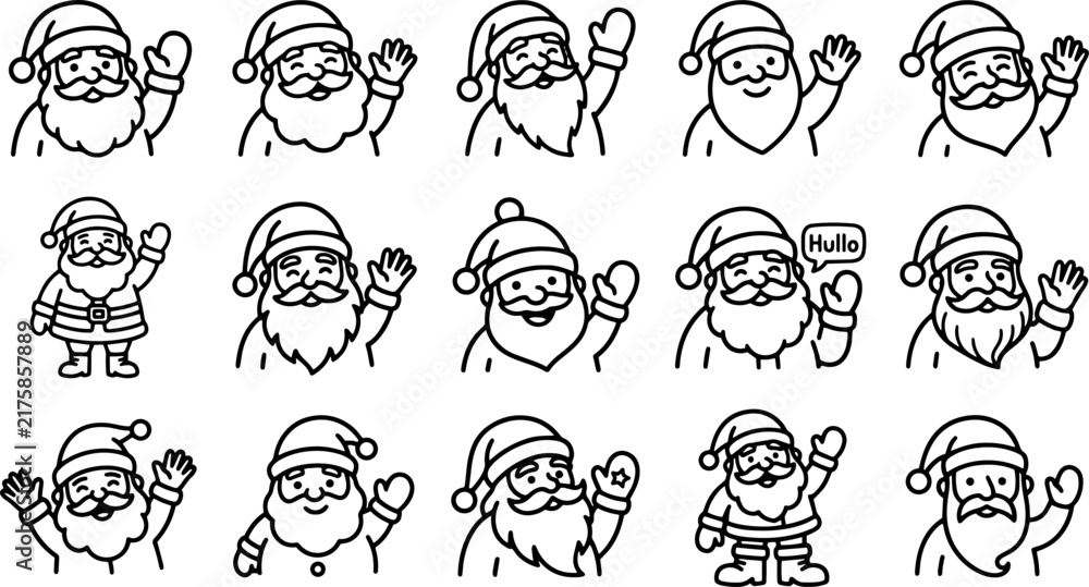Fototapeta premium Waving Santa Claus line art character set for festive holiday greeting cards.