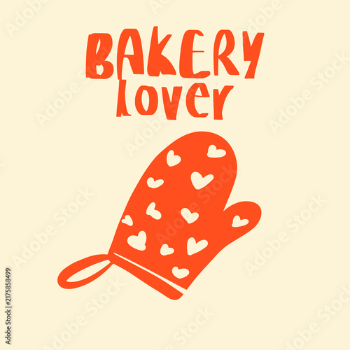 Vector illustration featuring Bakery Lover typography above orange line art bakery tools icons isolated on warm cream background. Cute hand drawn culinary logo and poster design.