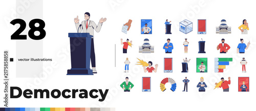 Election voting democracy and political campaign 2D cartoon illustration pack. Diverse voters and candidates. Civic participation. Isolated characters and objects flat vector clip arts collection